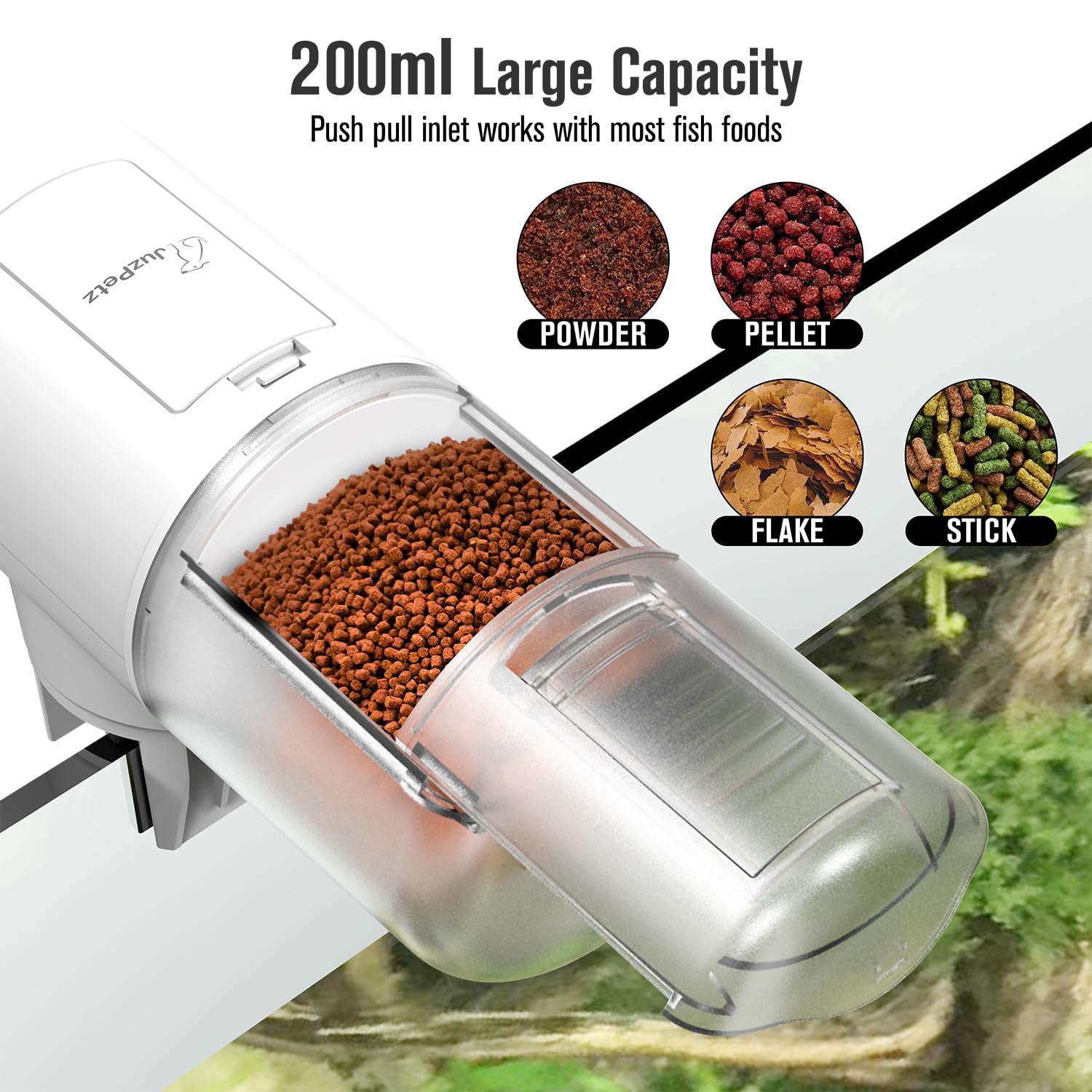 JuzPetz feeder with customizable schedules and rotations for flexible feeding.