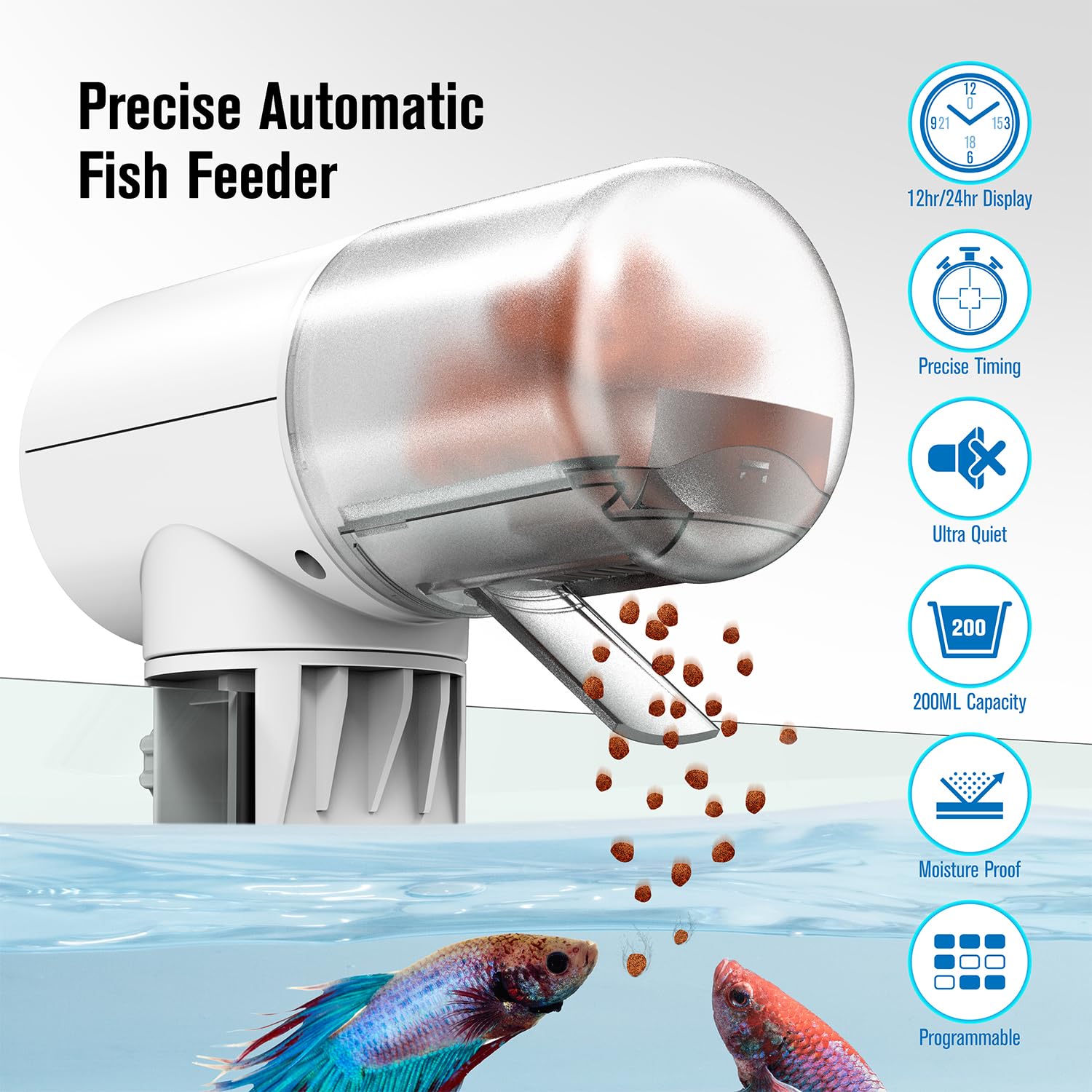 JuzPetz feeder mounted on tank glass for easy feeding access.