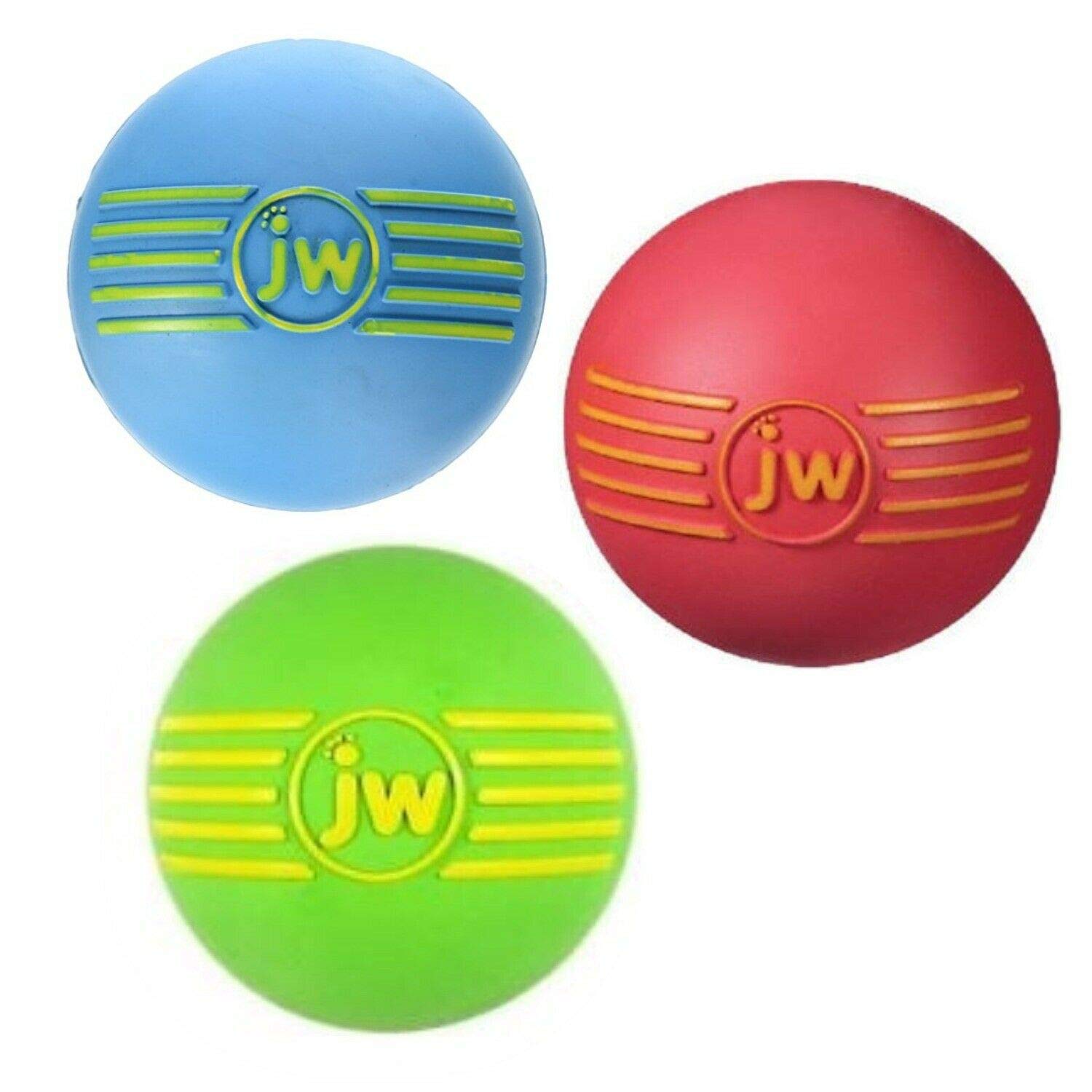 JW iSqueak Ball medium in bright color for fetch and squeak play.