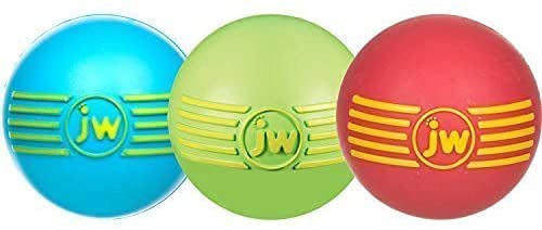 JW iSqueak Ball set with three colors for interactive fetch and chew.