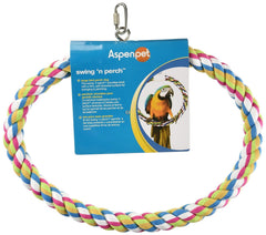 JW Pet Swing N' Perch Large assembled on cage offers a durable cotton perch for feet comfort.