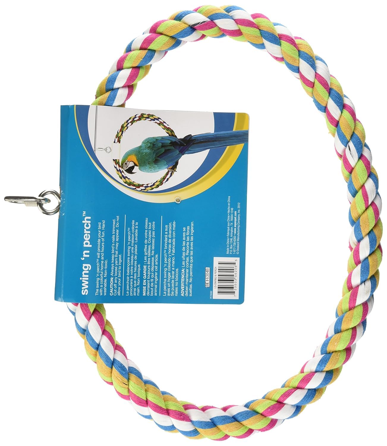Close-up of JW Pet Swing N' Perch Large showing woven cotton perch to soothe bird feet.