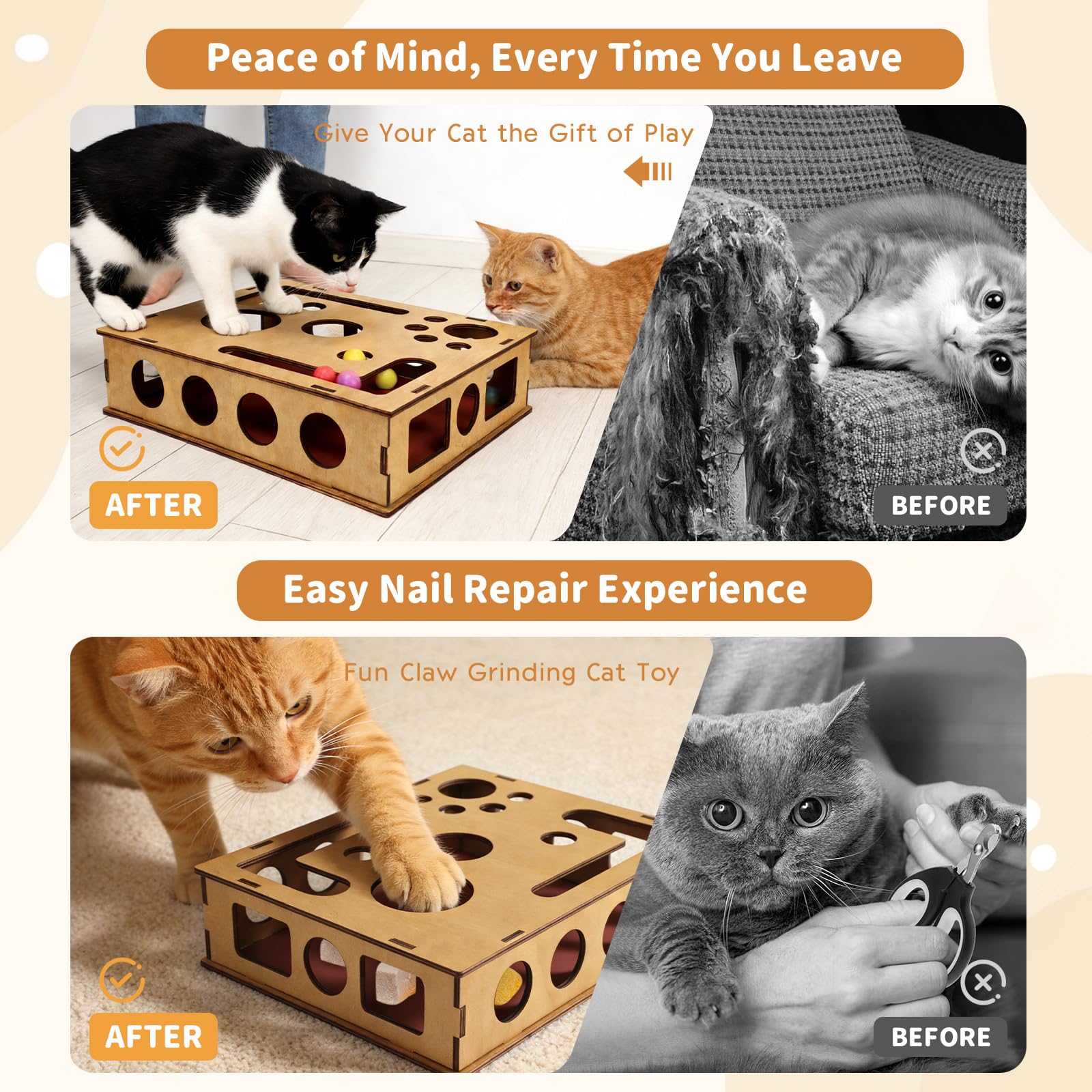 Jwtolp cat nail file scratch enrichment box highlights three rolling balls for self-guided play.