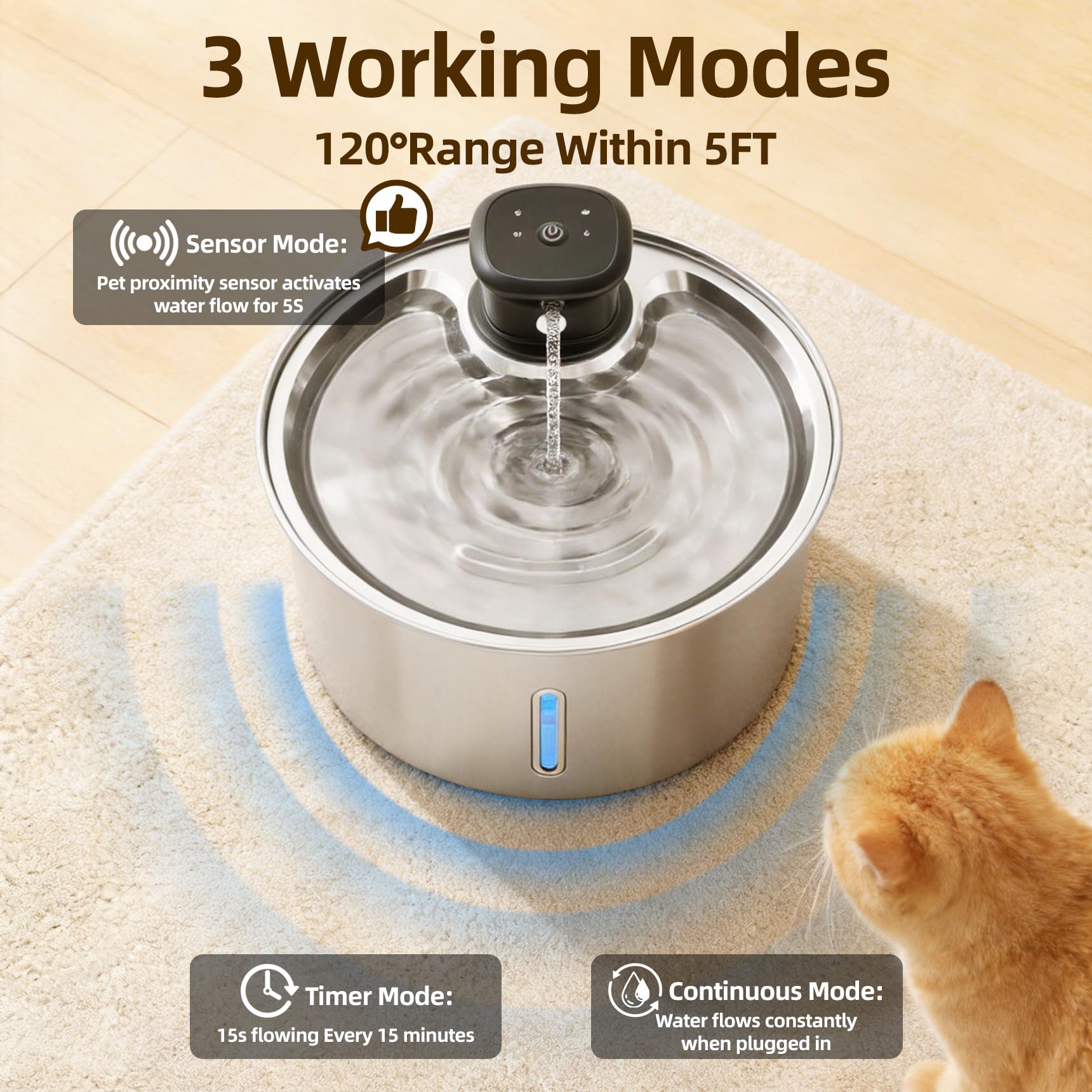 Jzla Pro cordless fountain powered by battery enables flexible placement.
