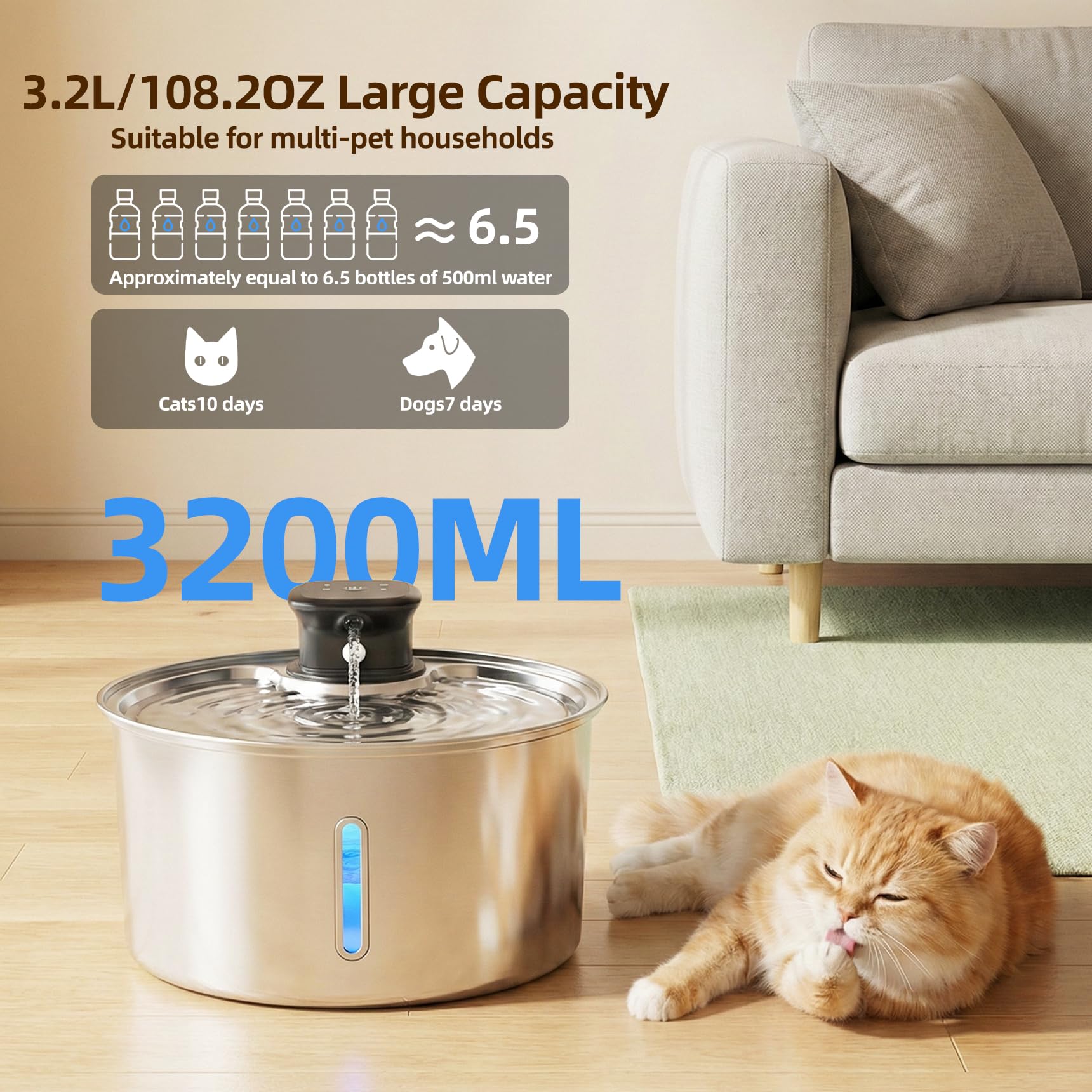 Motion-sensing mode activates hydration when your pet approaches.