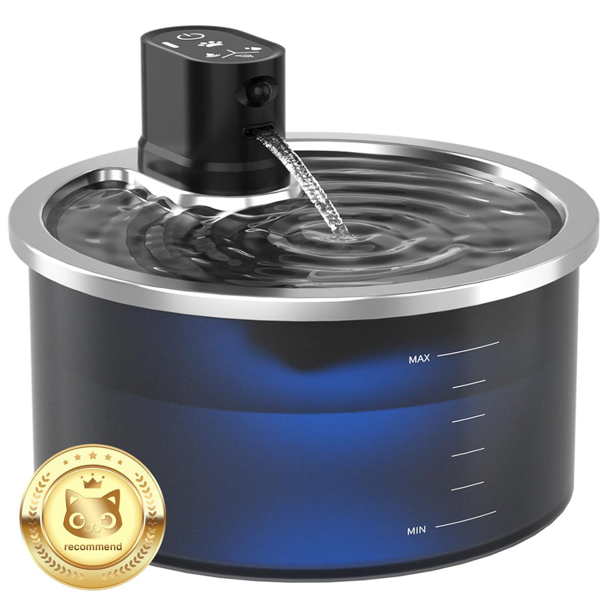 Jzla Pro water fountain front view with sleek stainless design and easy-access drinking area
