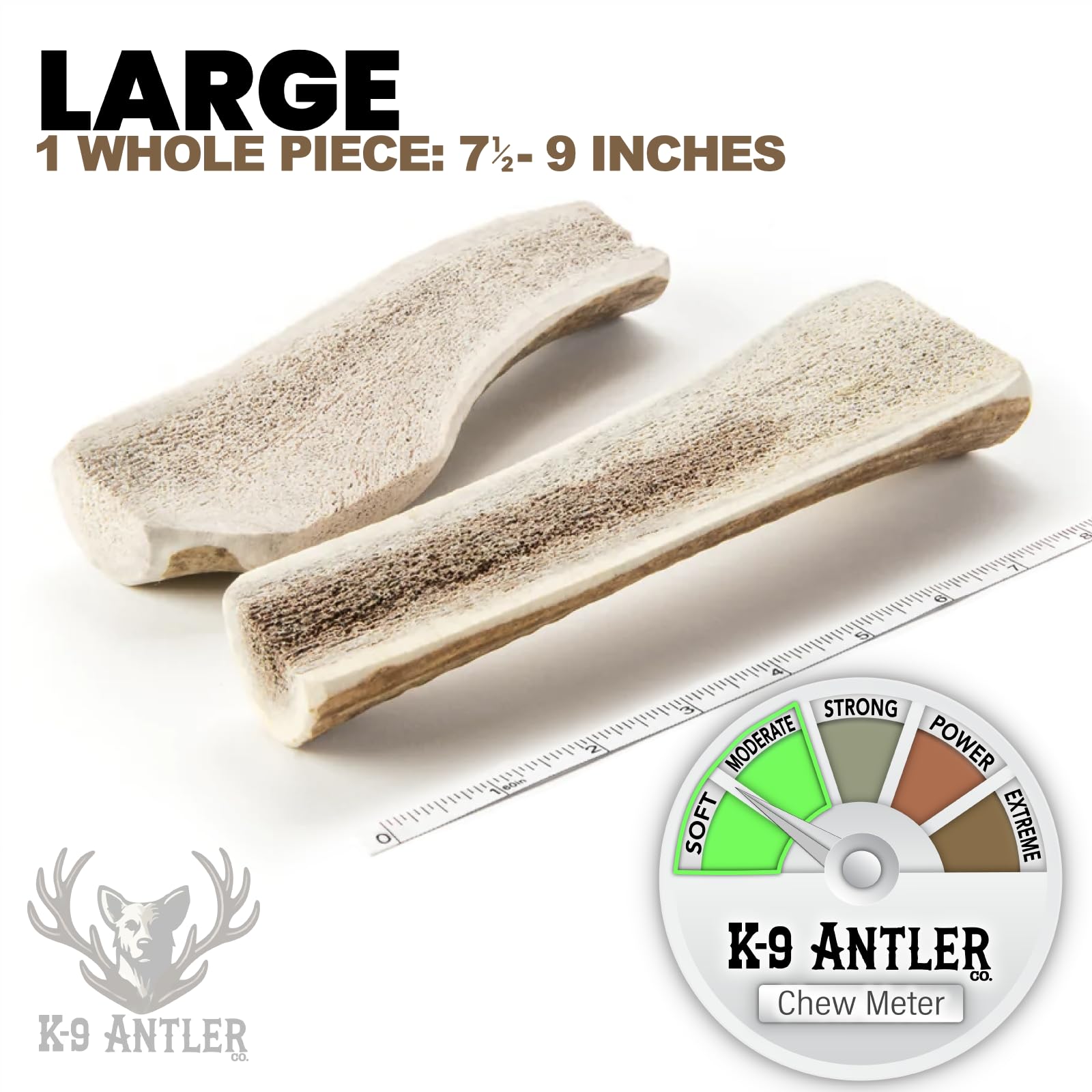K-9 Antler Co. elk antlers large split packaged—premium natural chew for dogs.