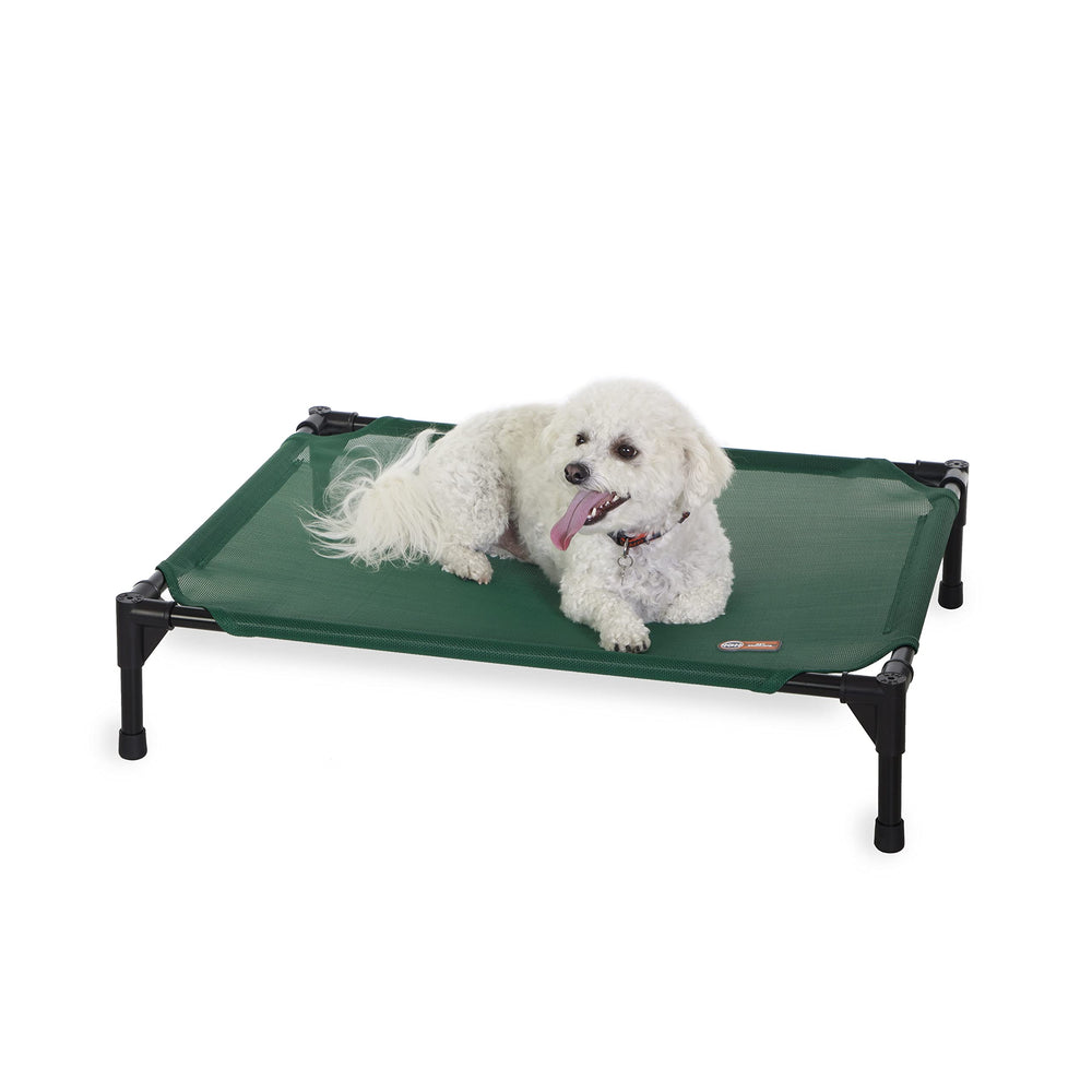 K&H Outdoor Elevated Bed with cooling hammock for hot days, ideal for outdoor lounging.