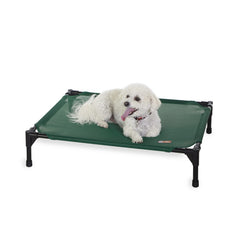 K&H Outdoor Elevated Bed with cooling hammock for hot days, ideal for outdoor lounging.
