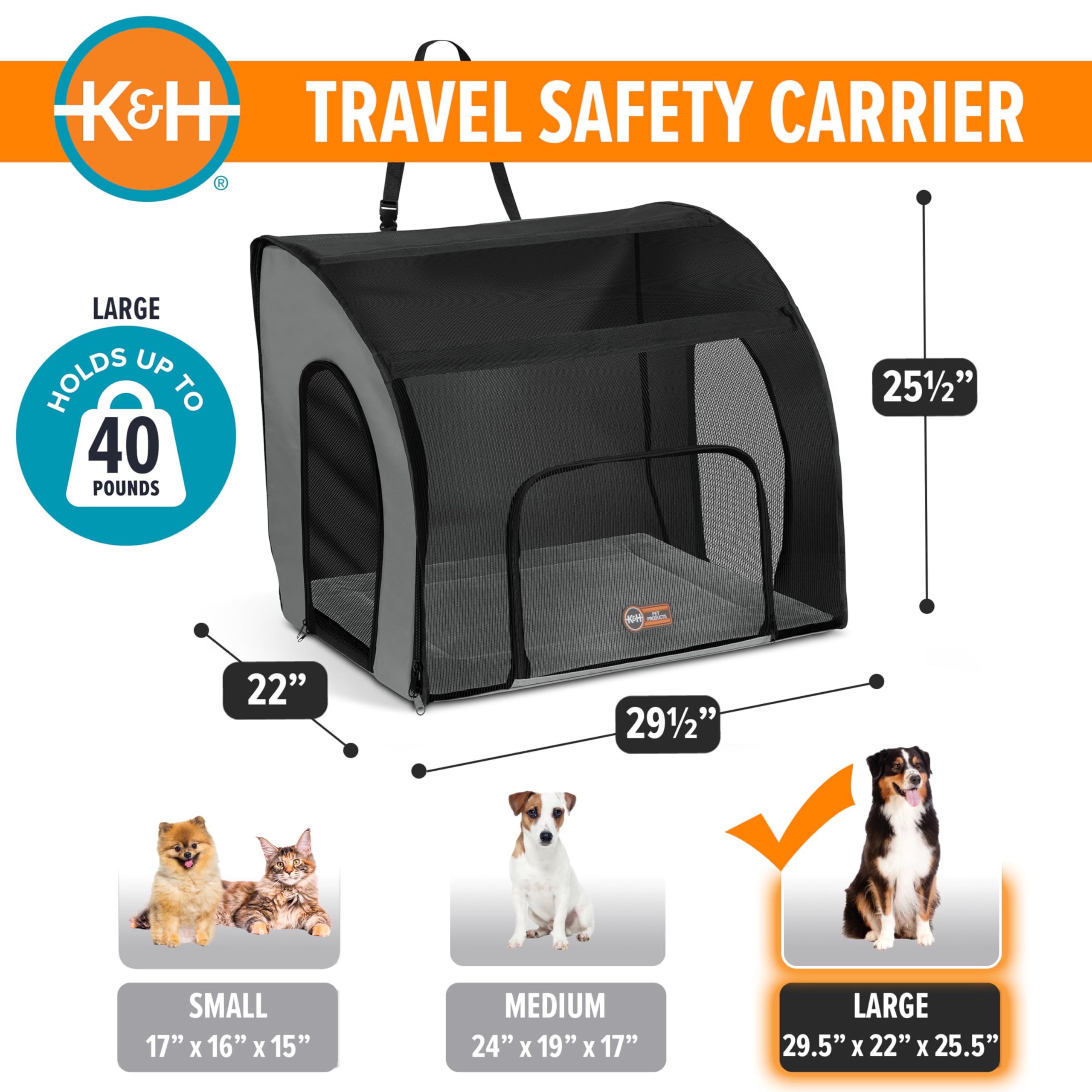 K&H Travel Safety Carrier large side mesh windows provide breathable visibility