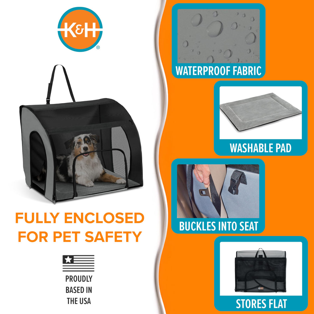 K&H Travel Safety Carrier top strap around headrest adds stability