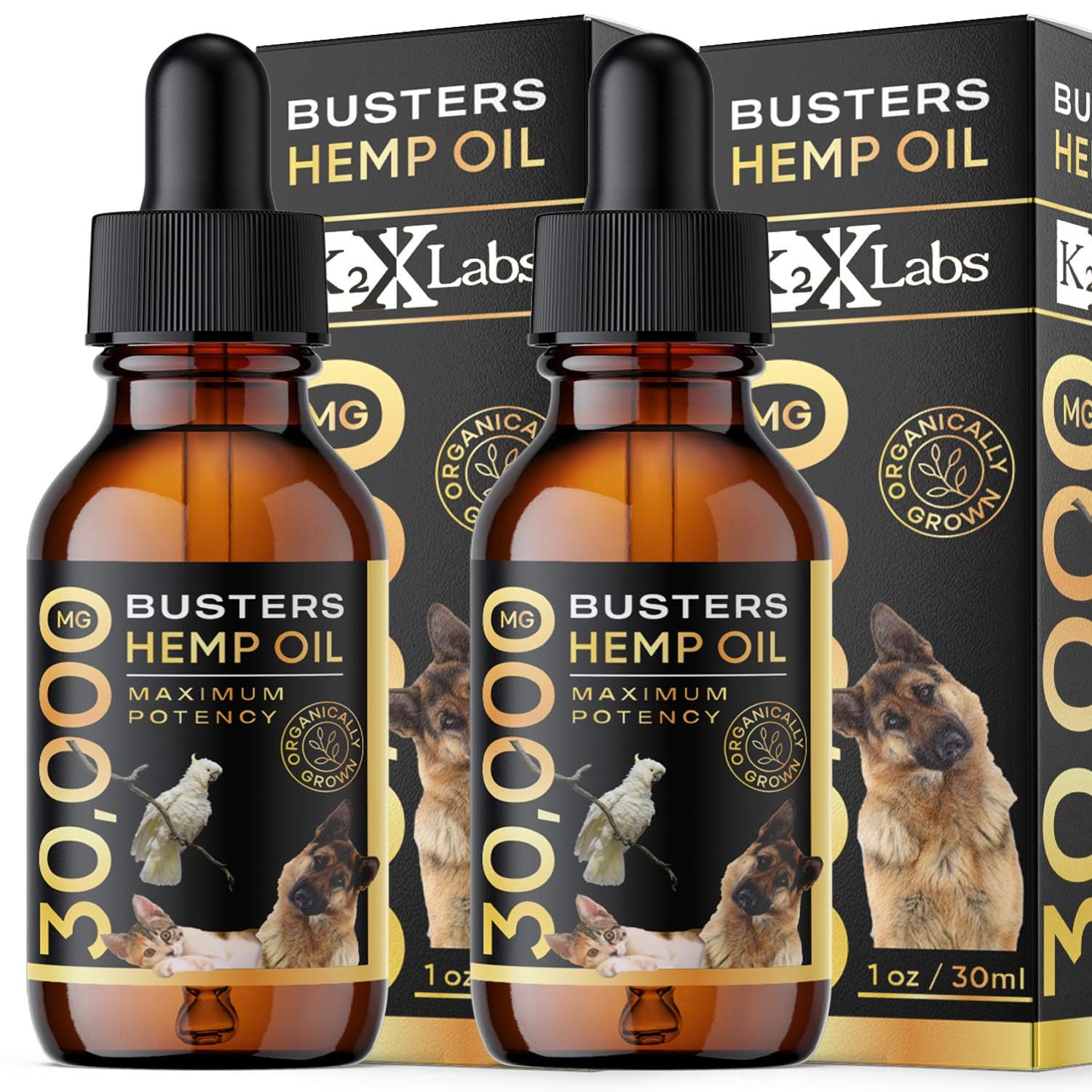 K2xLabs Busters 2Pack bottle display for easy two-month supply.