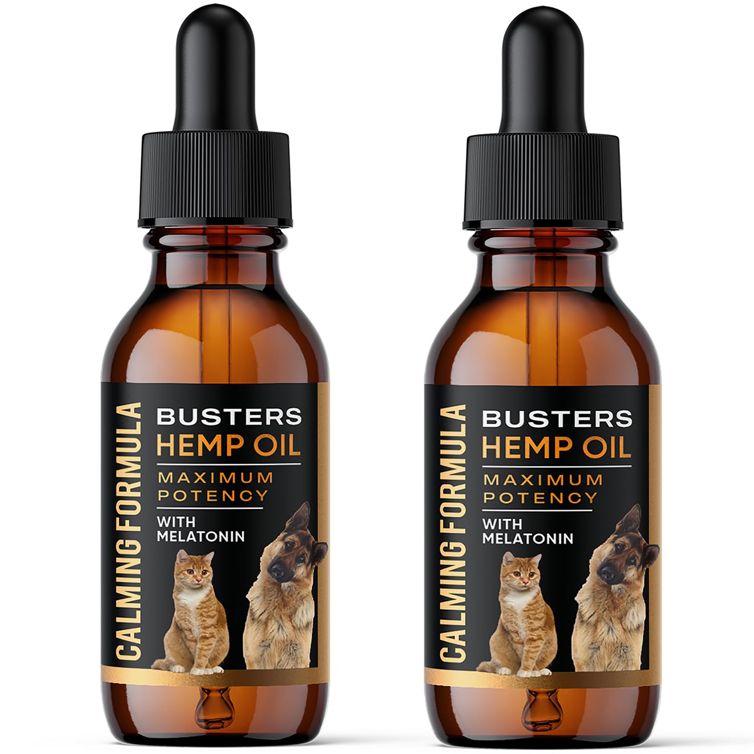 K2xLabs Buster's hemp oil bottle pour aids calm during storms for dogs and cats.