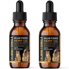 K2xLabs Buster's hemp oil bottle pour aids calm during storms for dogs and cats.