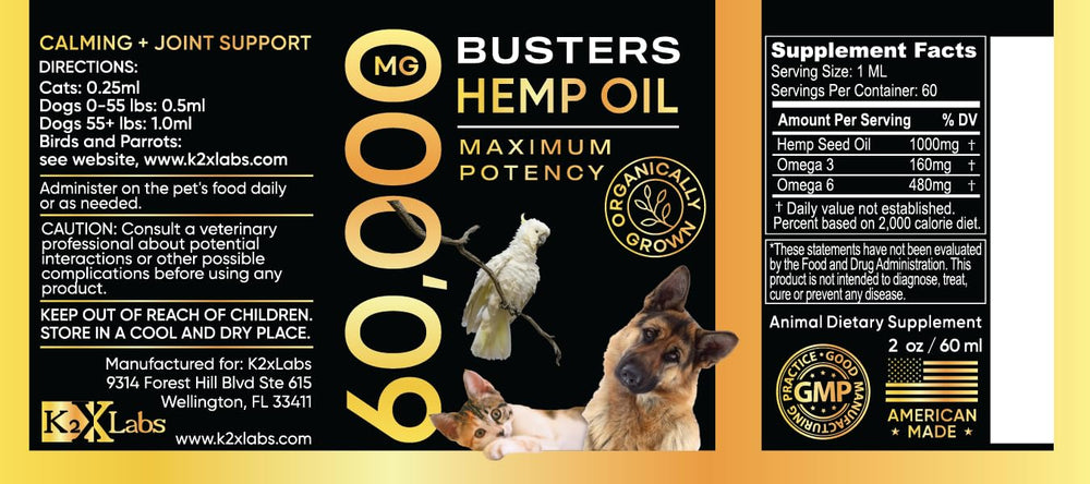 K2xLabs Buster's hemp oil packaging box ready for home use