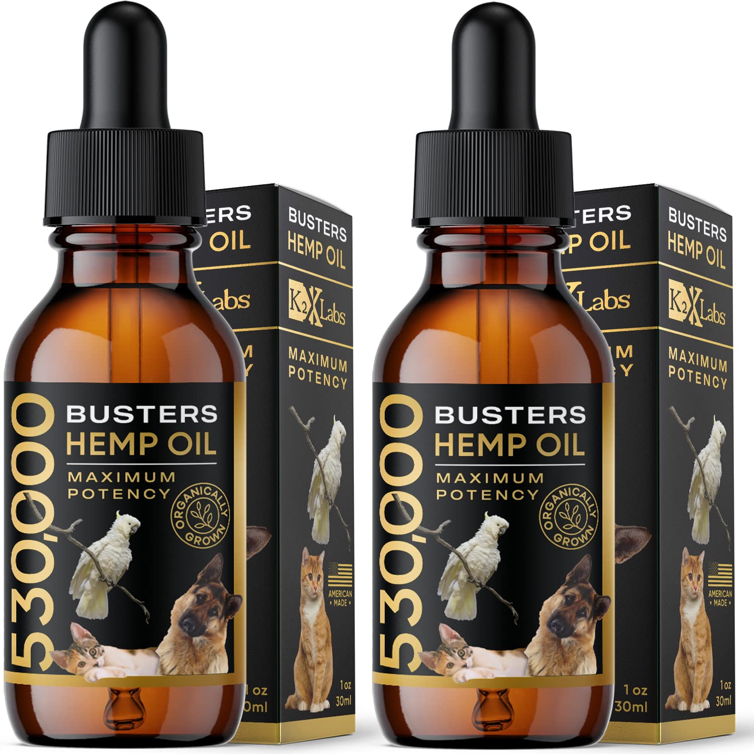 K2xLabs Busters Hemp Oil bottle pour enables precise pet dosing.