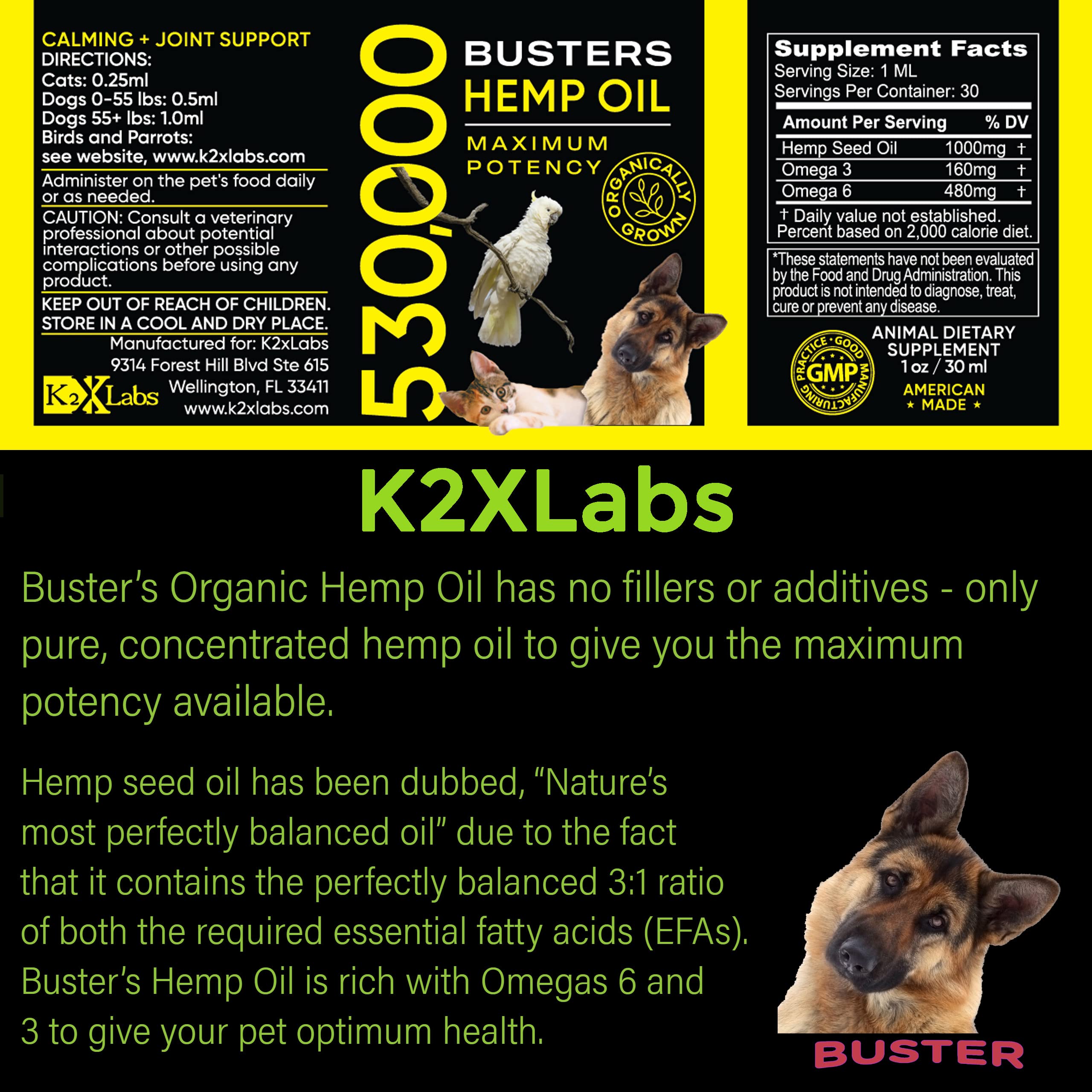 K2xLabs Busters Hemp Oil packaging box showcases the 2-pack value.