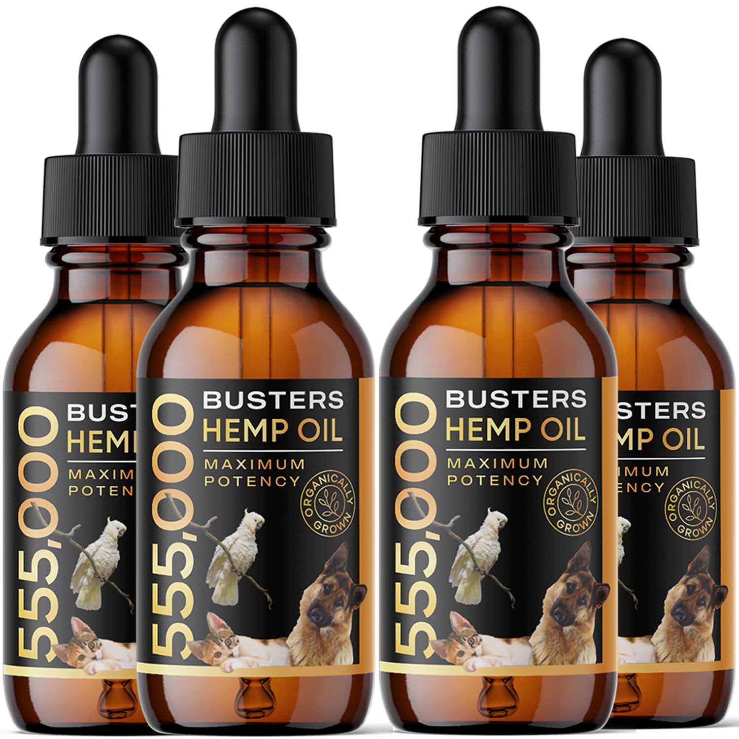 K2xLabs Buster's hemp oil bottle with easy-dosing dropper for pet joint support