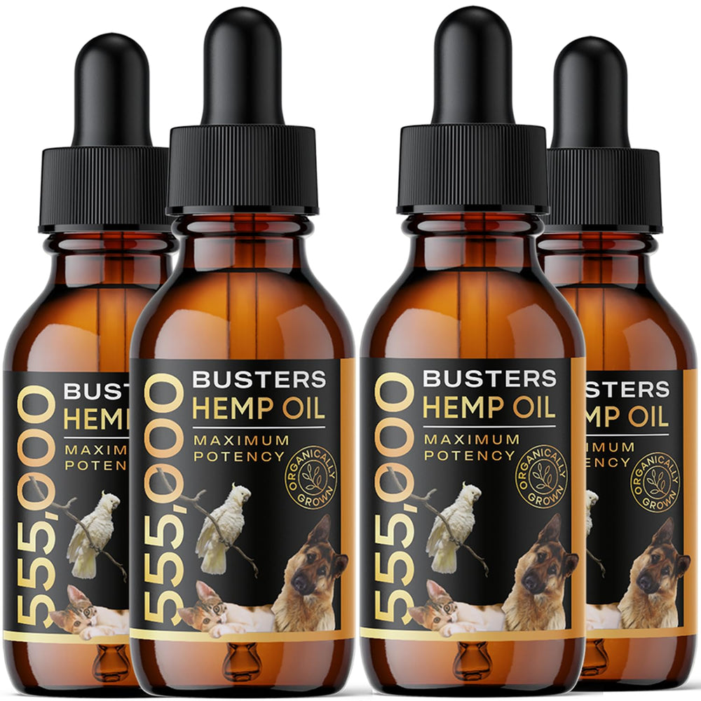 K2xLabs Buster's hemp oil bottle with easy-dosing dropper for pet joint support
