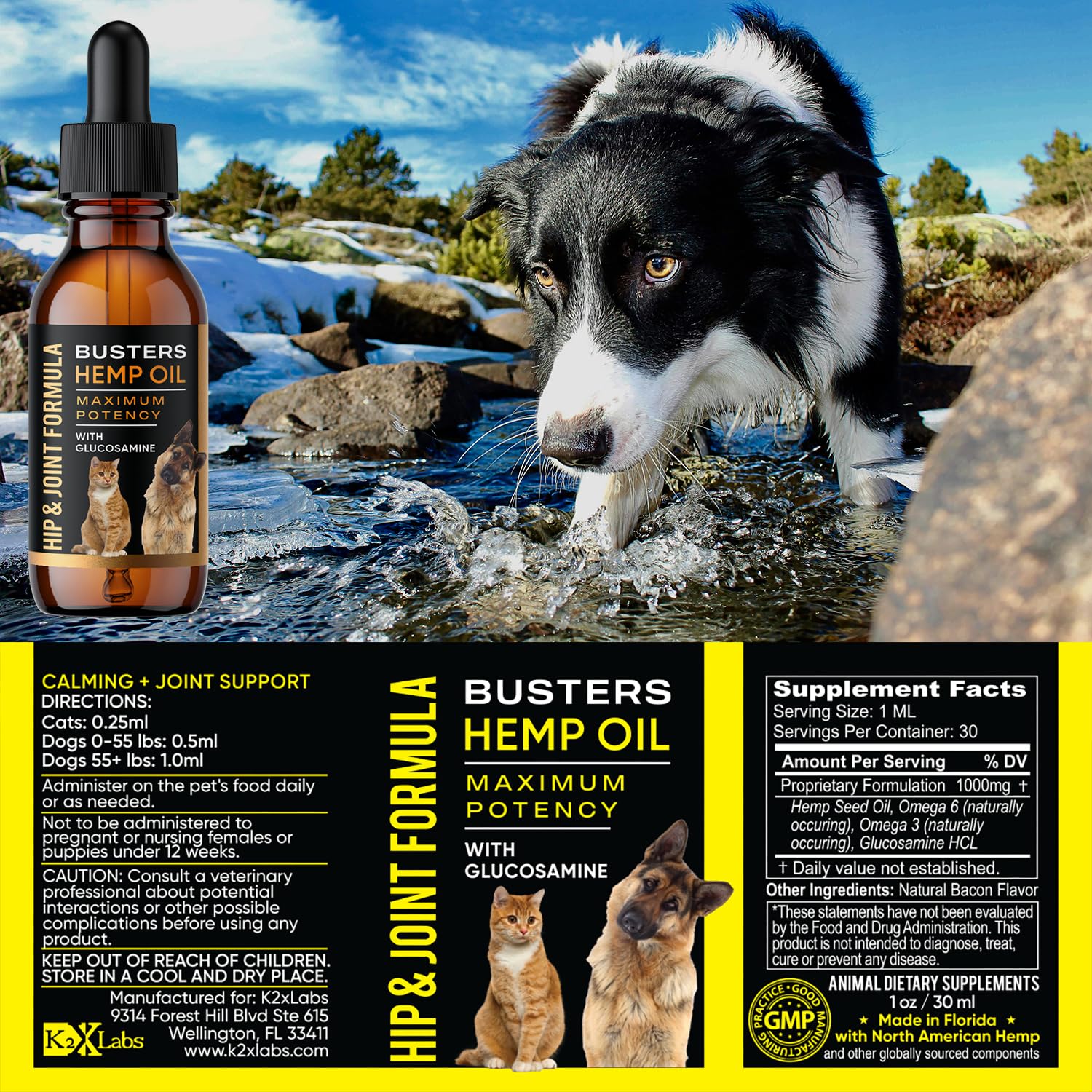 K2xLabs glucosamine 100 mg per serving drops support daily wellness in dogs.