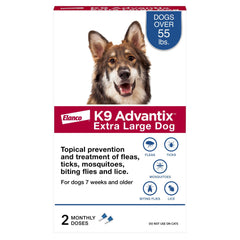 K9 Advantix Extra Large bottle closeup shows flea and tick protection.