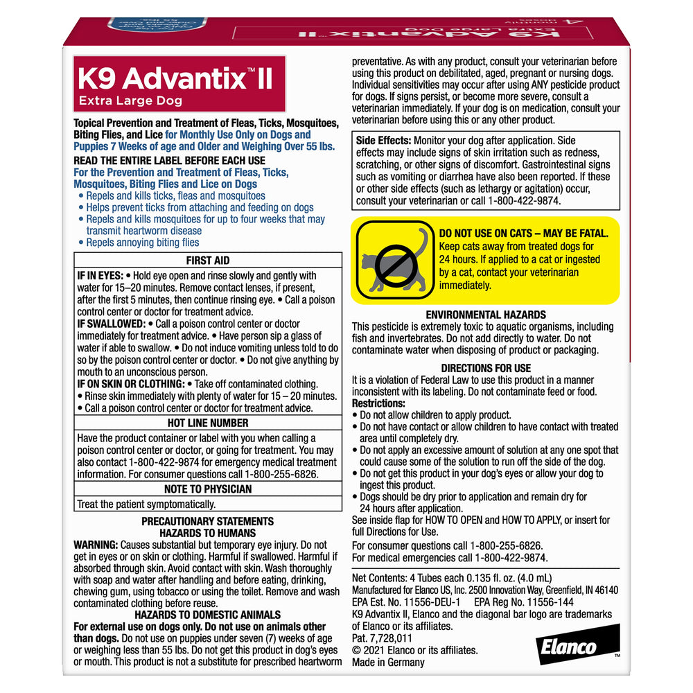 K9 Advantix II XL packaging shows a 4-dose supply for ongoing monthly protection.