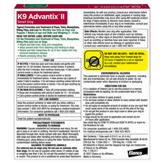K9 Advantix small dog tube label highlights easy dosing and quick application