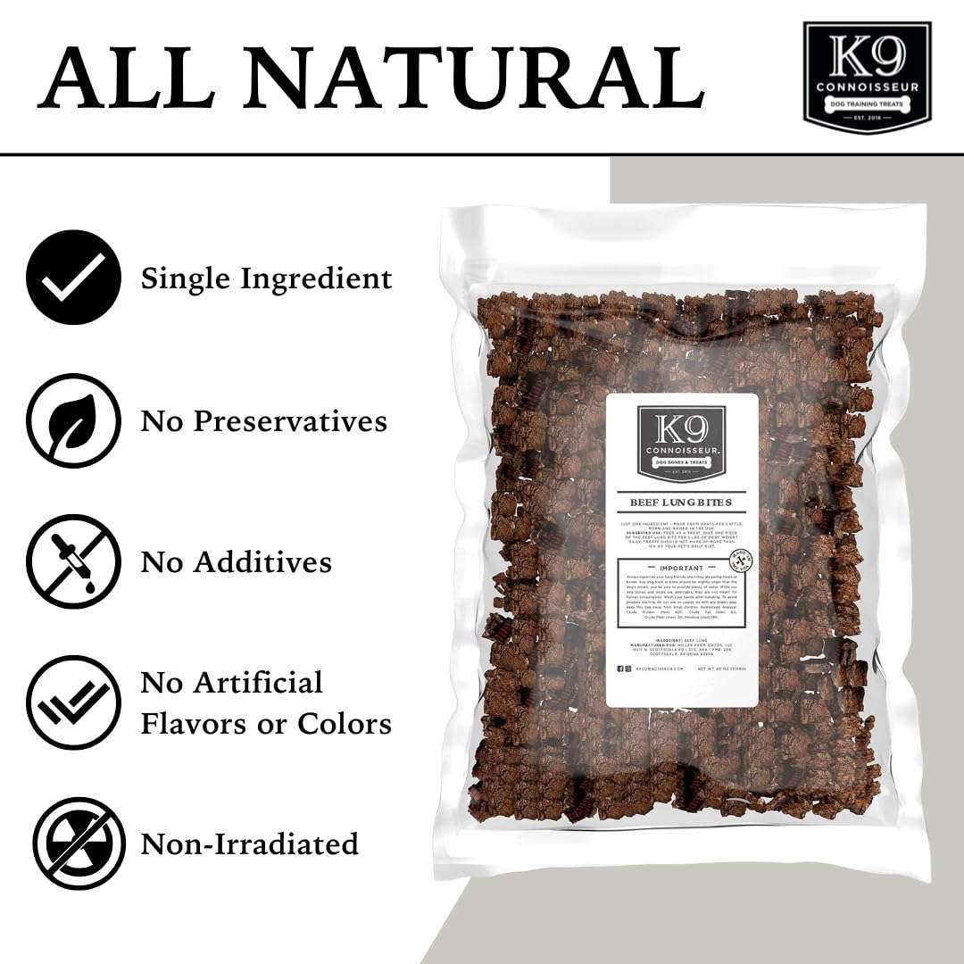 K9 Connoisseur beef lung single-ingredient packaging highlights natural, preservative-free dog treats.