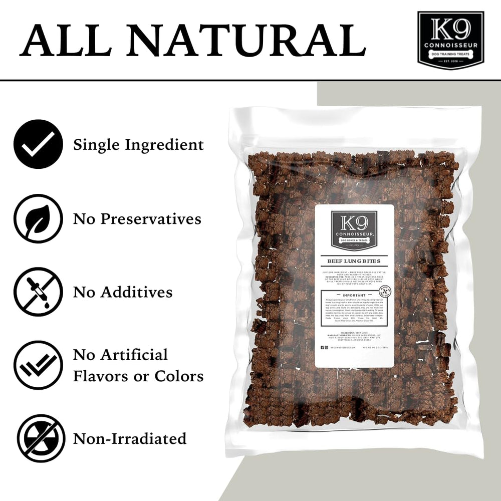 K9 Connoisseur beef lung single-ingredient packaging highlights natural, preservative-free dog treats.