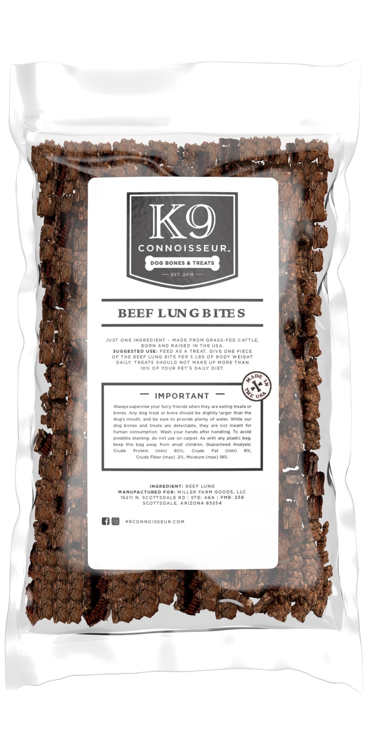 K9 Connoisseur beef lung treats in packaging for training rewards.