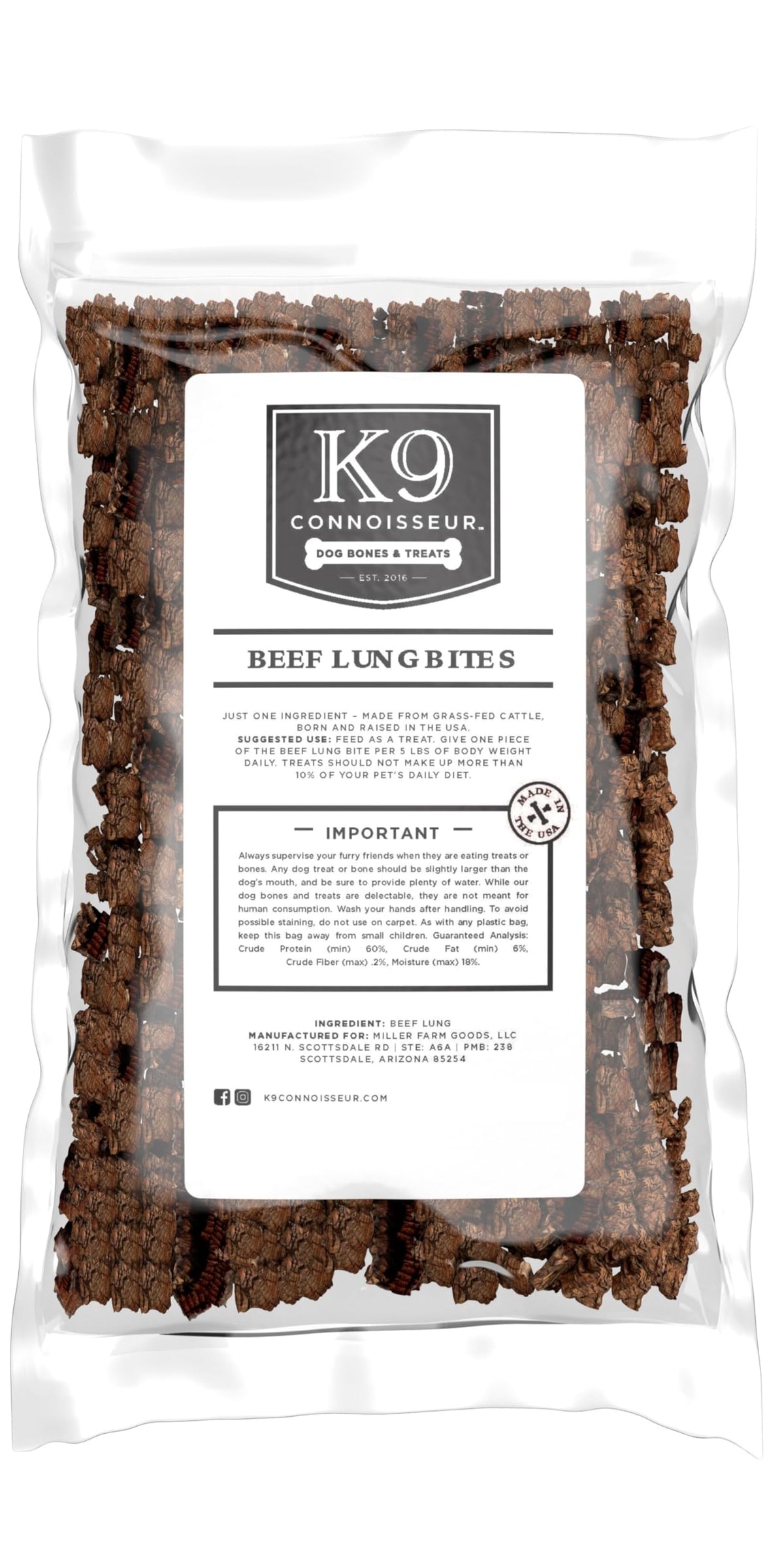K9 Connoisseur beef lung treats in packaging for training rewards.