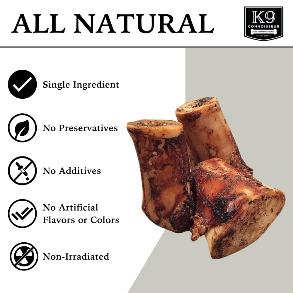 K9 Connoisseur beef marrow bone closeup highlighting real marrow and smoked bits.