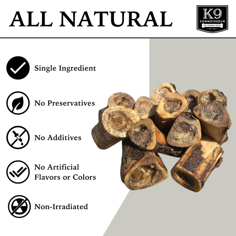 K9 Connoisseur beef marrow bones close-up; high-protein natural chew for daily enrichment.