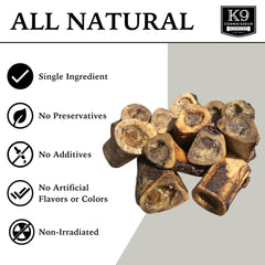 K9 Connoisseur beef marrow bones close-up; high-protein natural chew for daily enrichment.