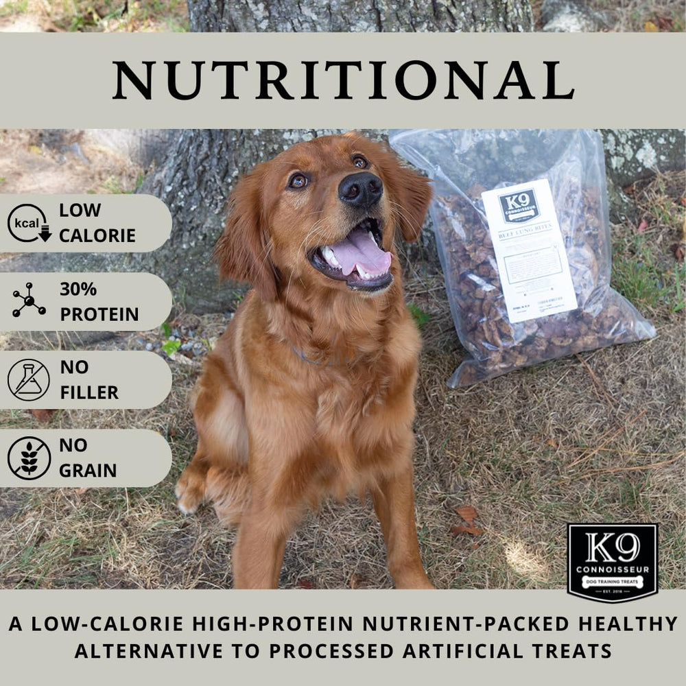 K9 Connoisseur dog chewing action highlights durable, odor-free beef trachea