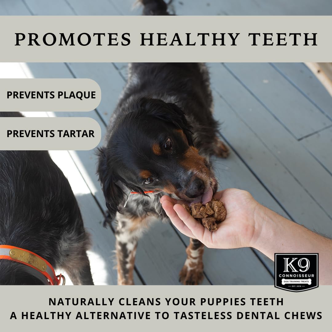 K9 Connoisseur grain-free beef lung treats on paw, ideal for dogs with sensitivities.