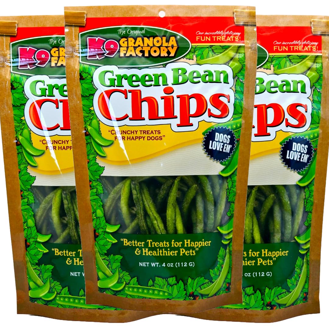 K9 Granola Factory Green Bean Chips pack-3 displaying a healthy, fiber-rich dog snack.