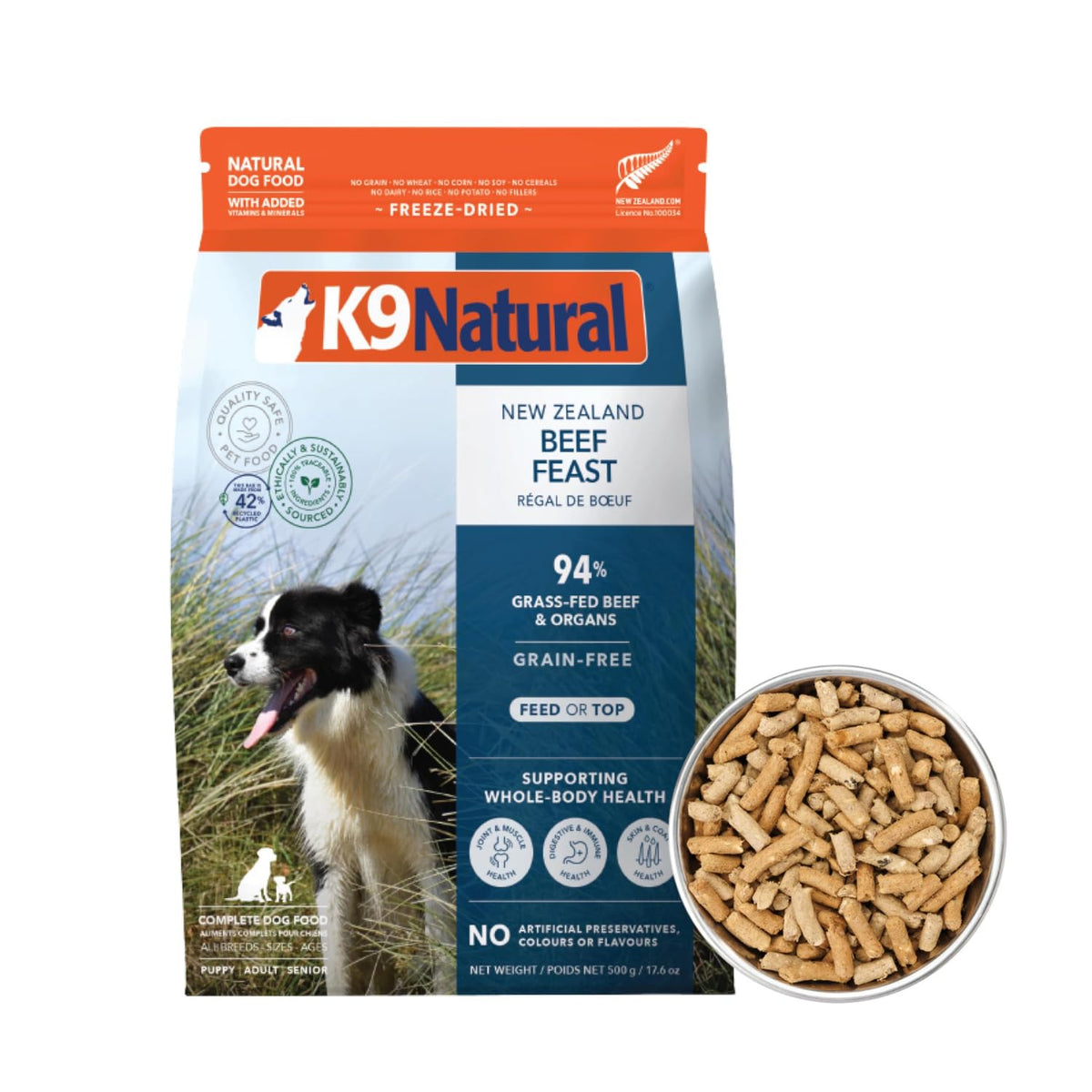 K9 Natural beef freeze-dried dog food bag front showing grass-fed ingredients for a complete meal