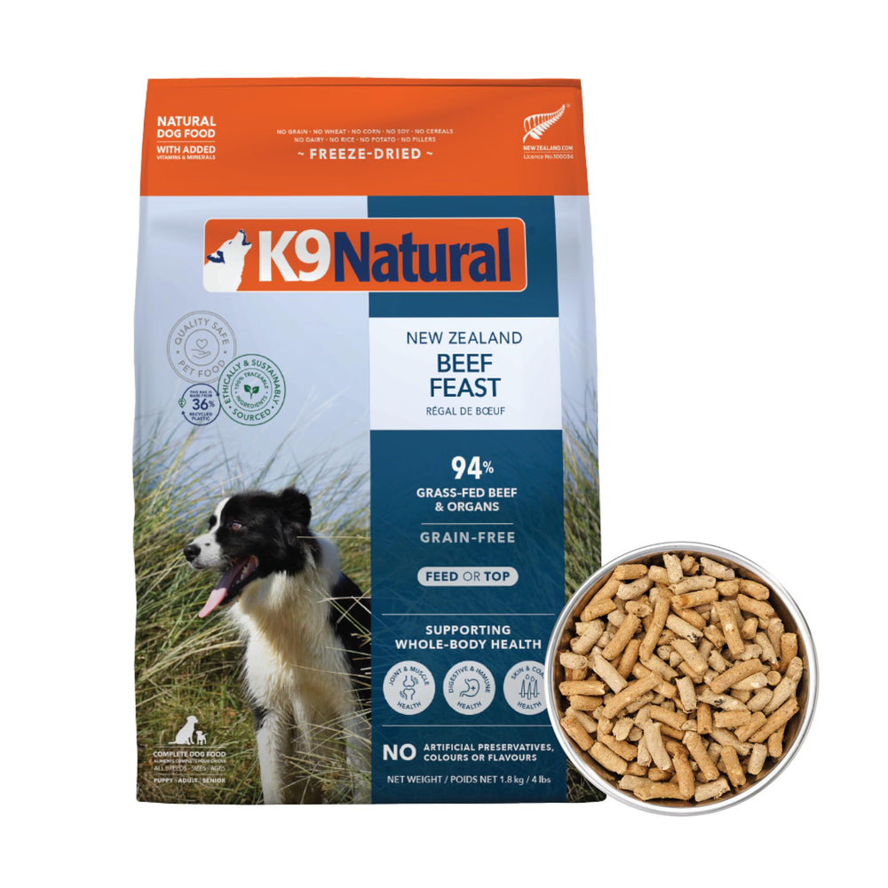 K9 Natural beef freeze-dried dog food bag highlights grass-fed ingredients for a complete grain-free meal.