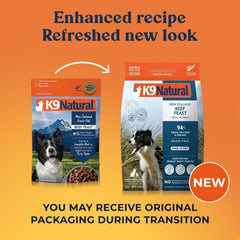 K9 Natural beef freeze-dried dog food in serving bowl ready to mix with meals