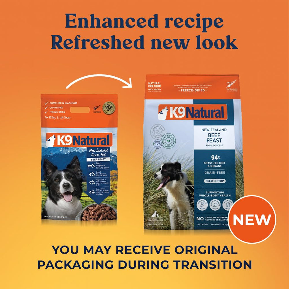 K9 Natural beef freeze-dried dog food scoop enables easy portioning for busy households.