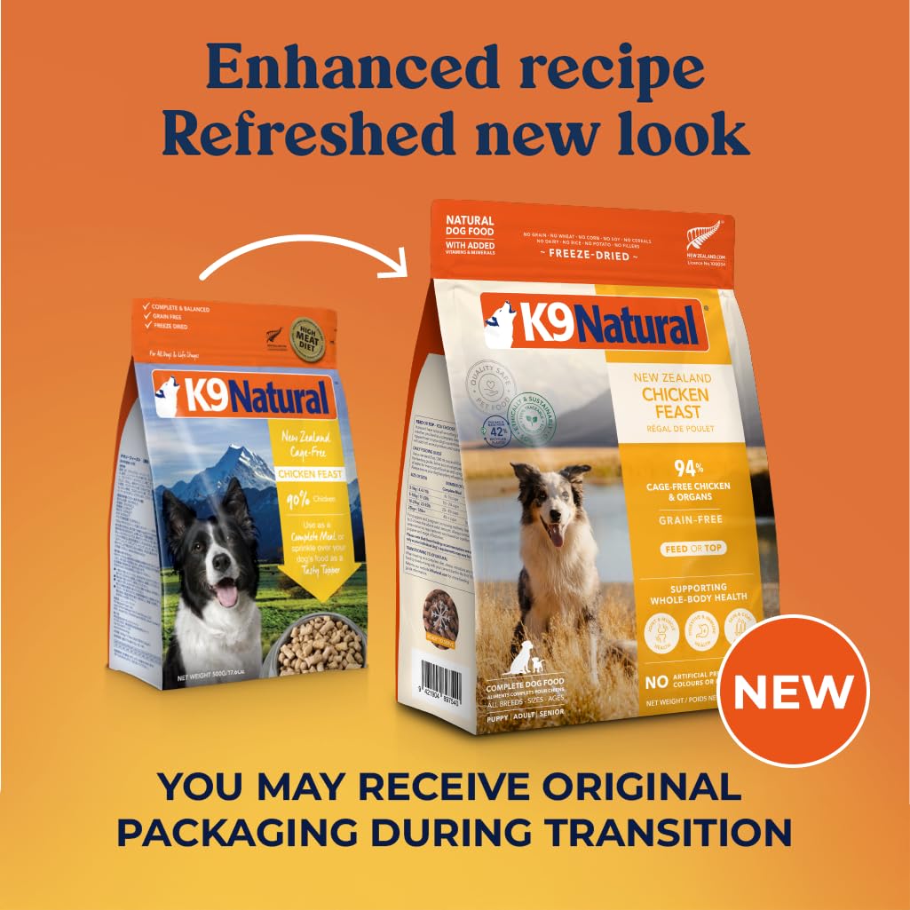 K9 Natural chicken freeze-dried dog food ingredients highlight cage-free chicken and NZ green mussels.
