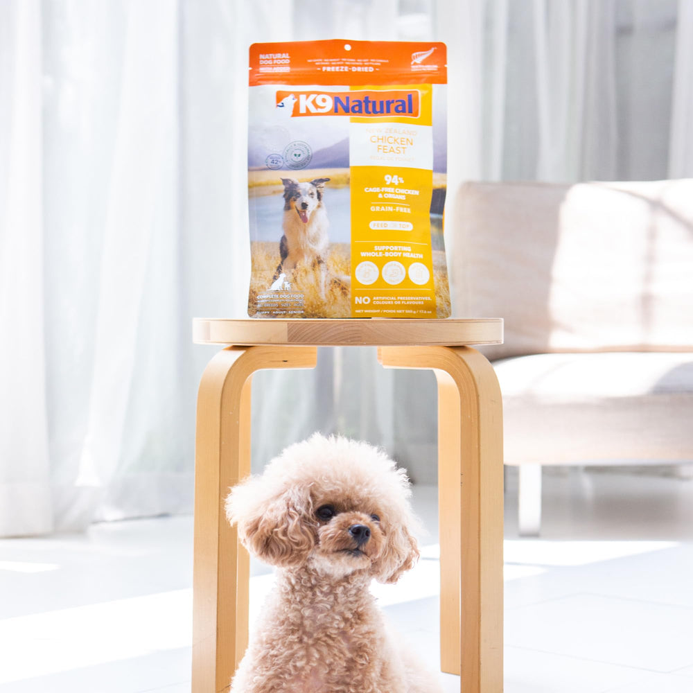 K9 Natural chicken freeze-dried dog food served as a meal topper over kibble.