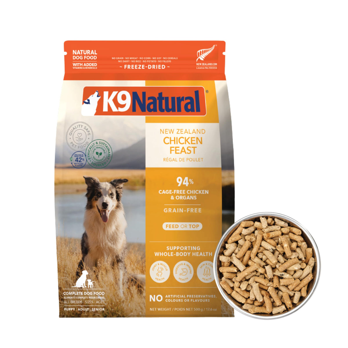 K9 Natural chicken freeze-dried dog food packaging shows resealable bag for freshness.