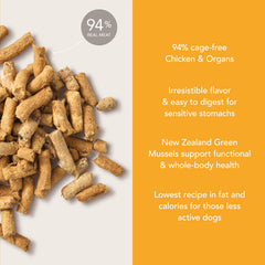 K9 Natural chicken freeze-dried dog food kibble texture shown in a bowl.