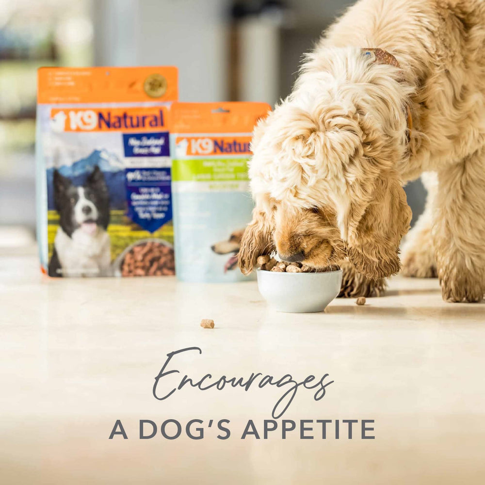 K9 Natural beef green tripe topper sprinkled over kibble for digestion-friendly nutrition.