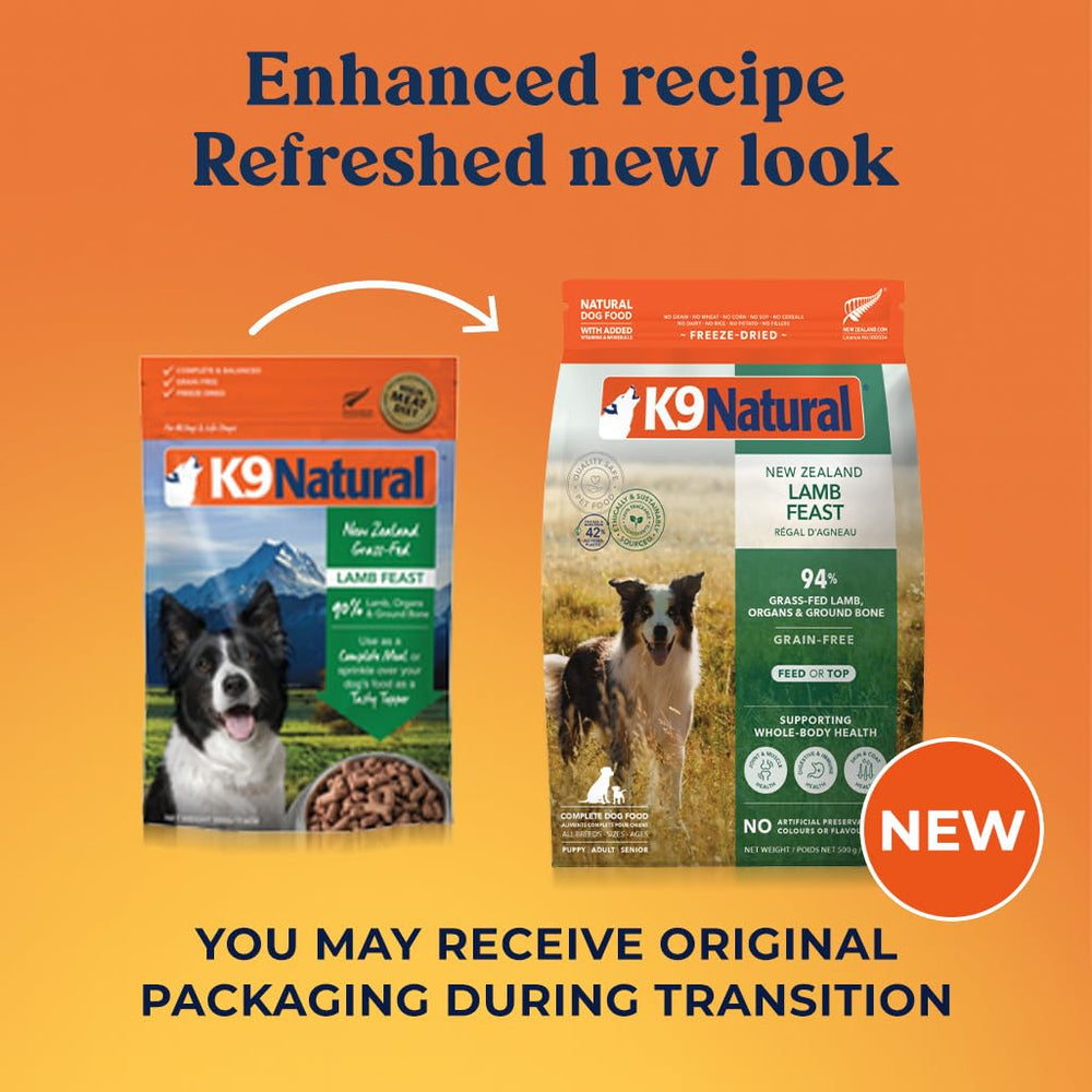 K9 Natural lamb kibble on a bowl shows grain-free formula ideal for daily feeding