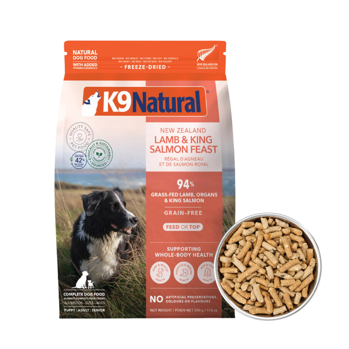 K9 Natural Lamb and King Salmon freeze-dried dog food bag showing high-meat formula.