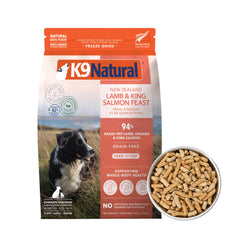 K9 Natural Lamb and King Salmon freeze-dried dog food bag showing high-meat formula.