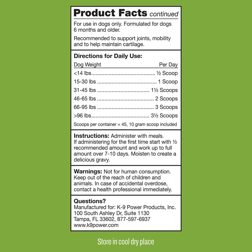 K9 Power Joint Strong label detailing key joint support ingredients.